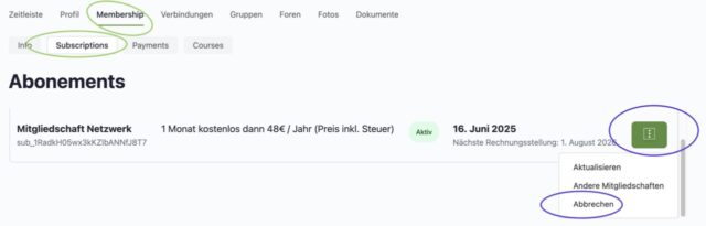 Screenshot Kuendigung Mitgliedschaft